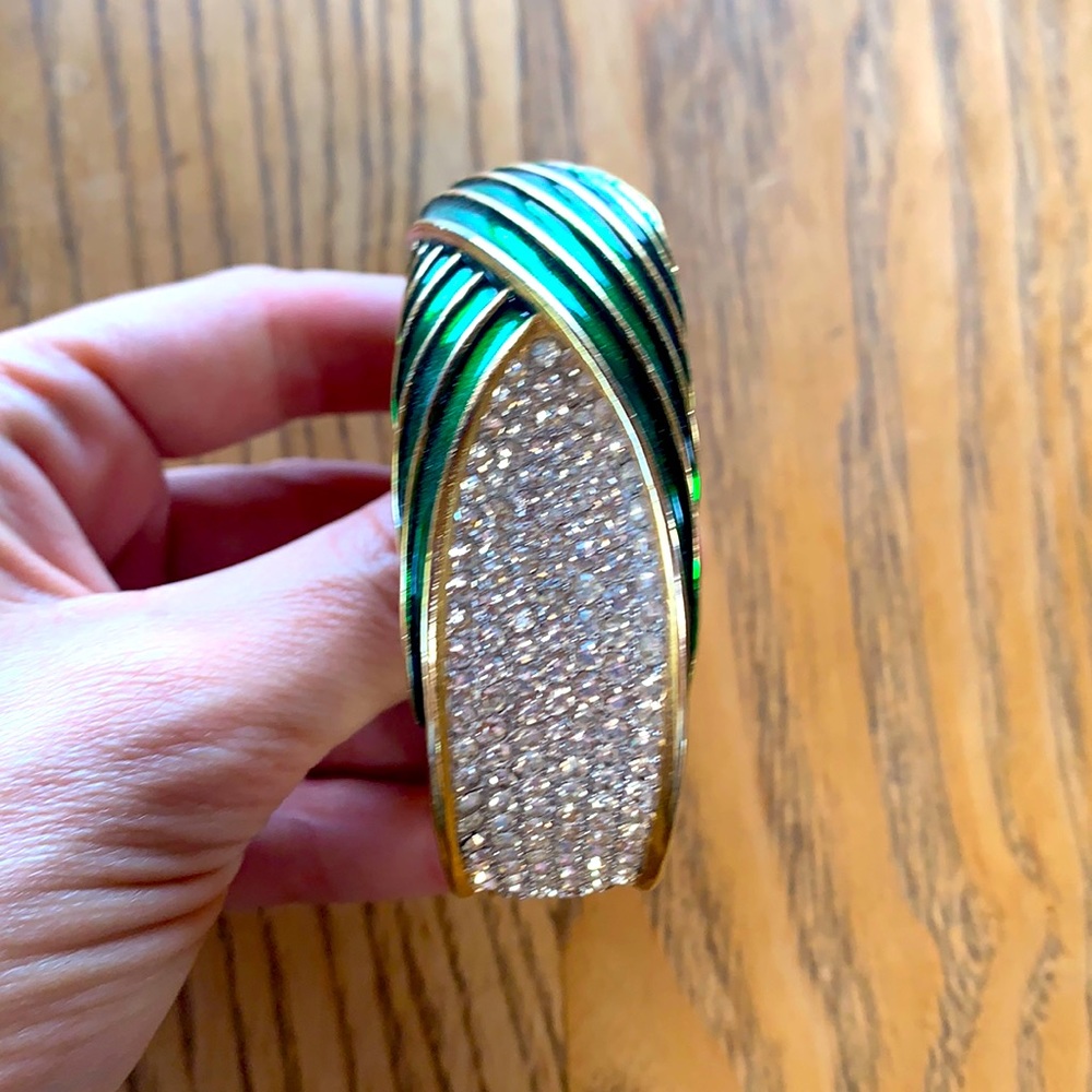 Vintage Emerald Green, Gold and Rhinestone Trifari Bracelet Cuff
